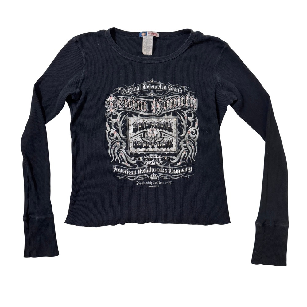 Y2K Bejeweled Susan Fixel Black Denim Country Rose Rhinestone Thermal Top